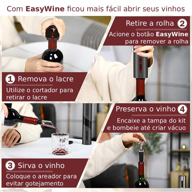 EasyWine - Kit Saca-Rolhas Elétrico com Aerador, Rolha, Cortador de Rótulo e Abridor de Garrafas Recarregável