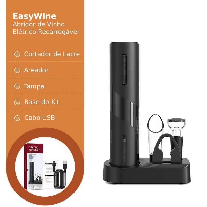 EasyWine - Kit Saca-Rolhas Elétrico com Aerador, Rolha, Cortador de Rótulo e Abridor de Garrafas Recarregável