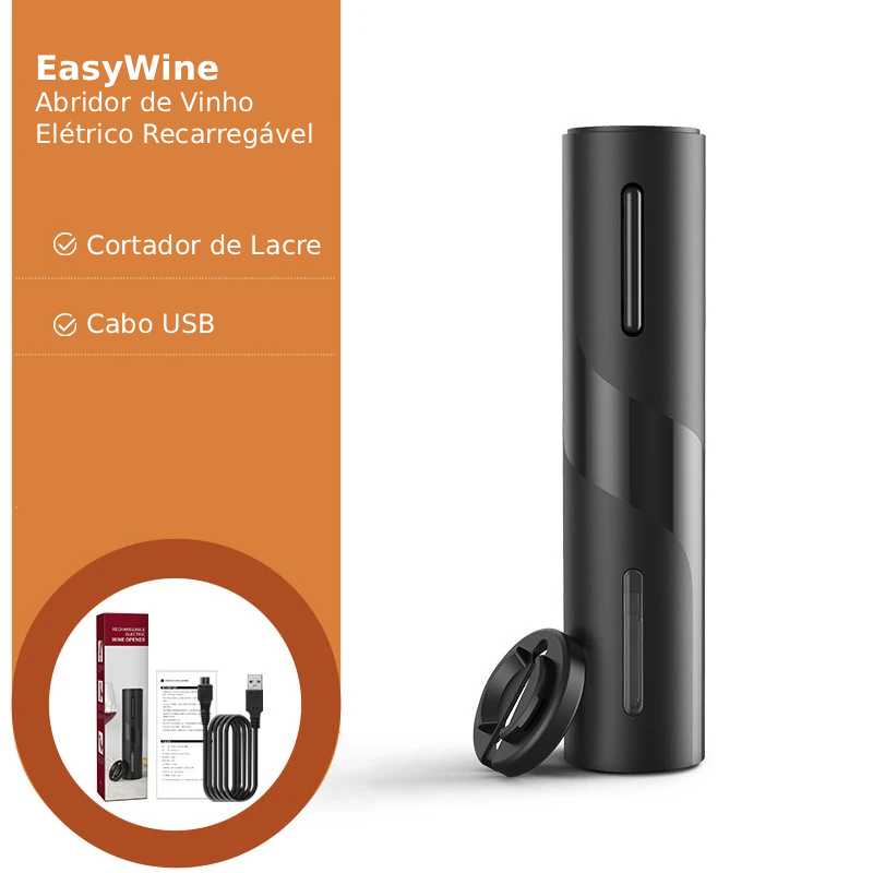 EasyWine - Kit Saca-Rolhas Elétrico com Aerador, Rolha, Cortador de Rótulo e Abridor de Garrafas Recarregável