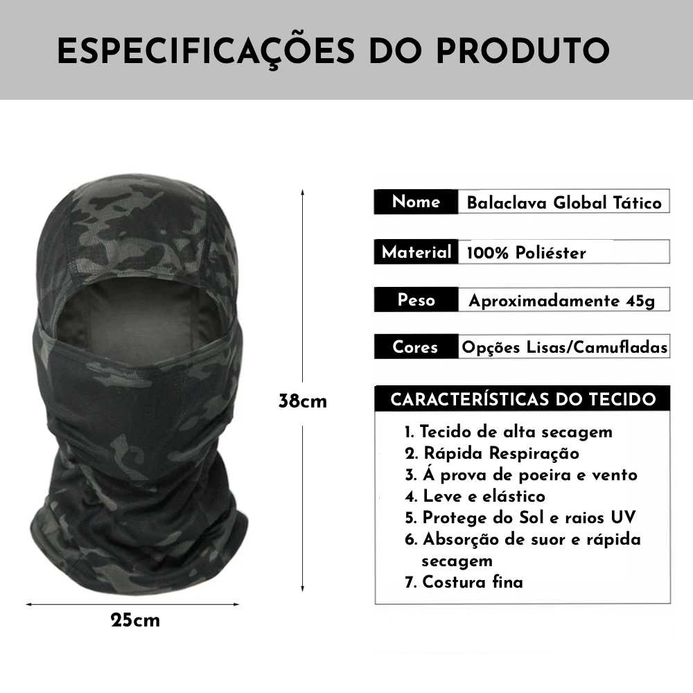 Balaclava Global Tático - Militar, Segurança, Moto, Caça, Pesca, Esporte e Aventura